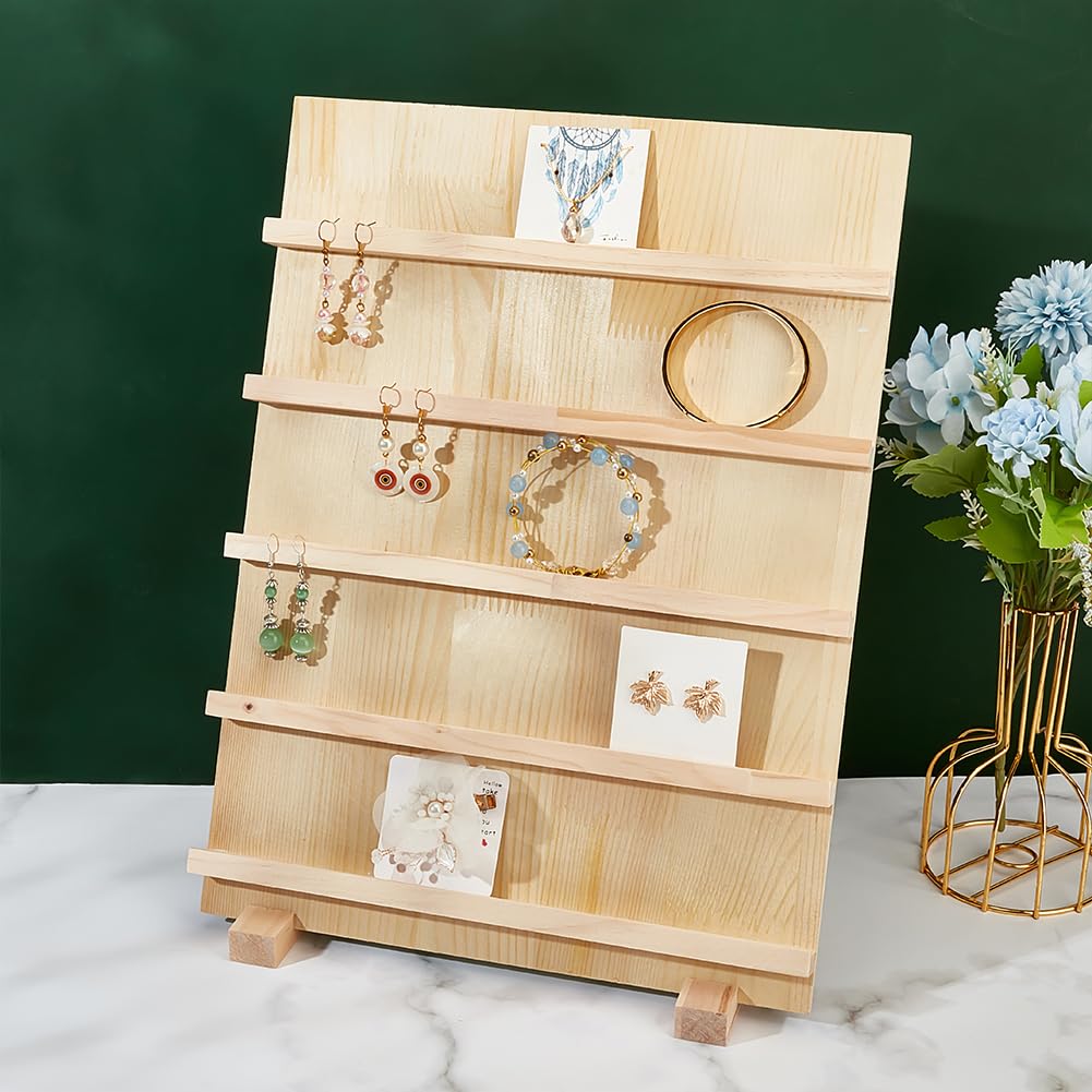 PH PandaHall 5-Tier Wood Earring Card Holder, Rustic Earring Display Stand Retail Jewelry Display Rack Portable Showcase With Slots For Selling Earring Craft Showing Exhibition Jewelry Storage