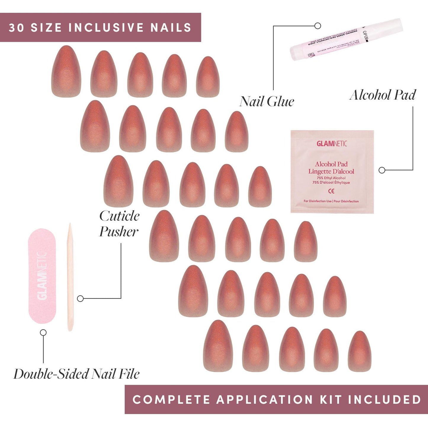 Glamnetic Press-On Nails Bundle - Rosé, Honey Bun & Lilac Gray | Rosy-Pink Nails with a Metallic Finish | Neutral Sparkly Short Almond Fake Nails, Velvet | Light Lilac Gray Short Squoval False Nails