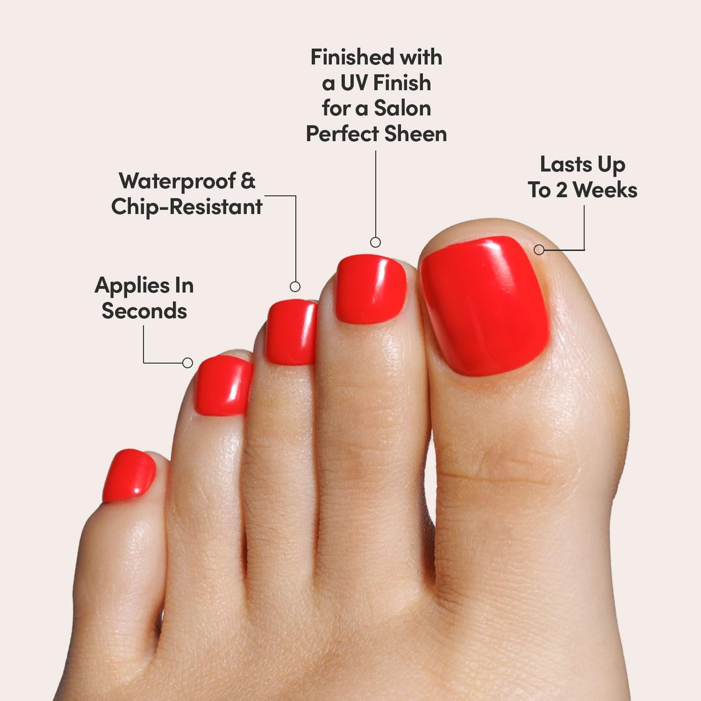 Glamnetic Press On Toenails - Fiery Red | Solid Opaque Red Fake Toe Nails with a Glossy Finish | 16 Sizes - 32 Toe Nail Kit with Glue