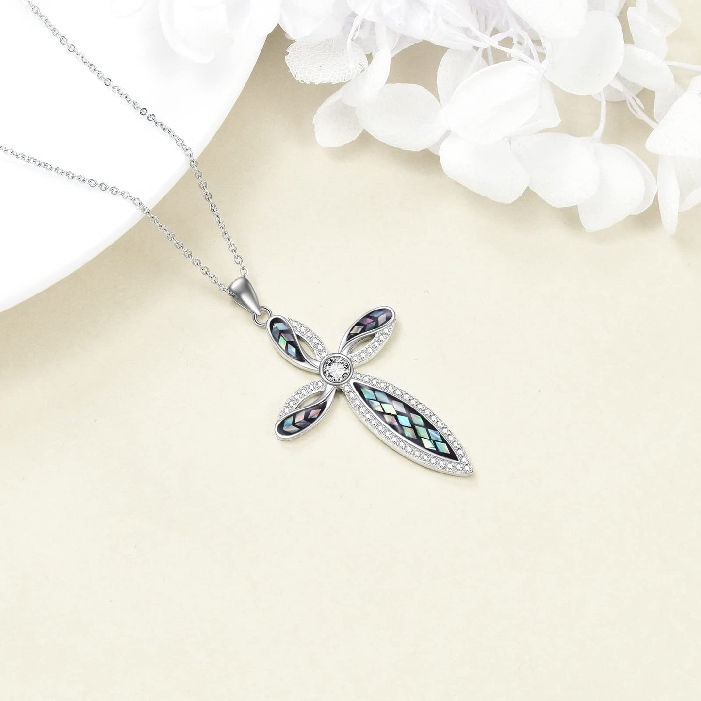 ONEFINITY Religious Cross Pendant Necklace 925 Sterling Silver Abalone Shell Cross Pendant Gifts for Women Jewellery