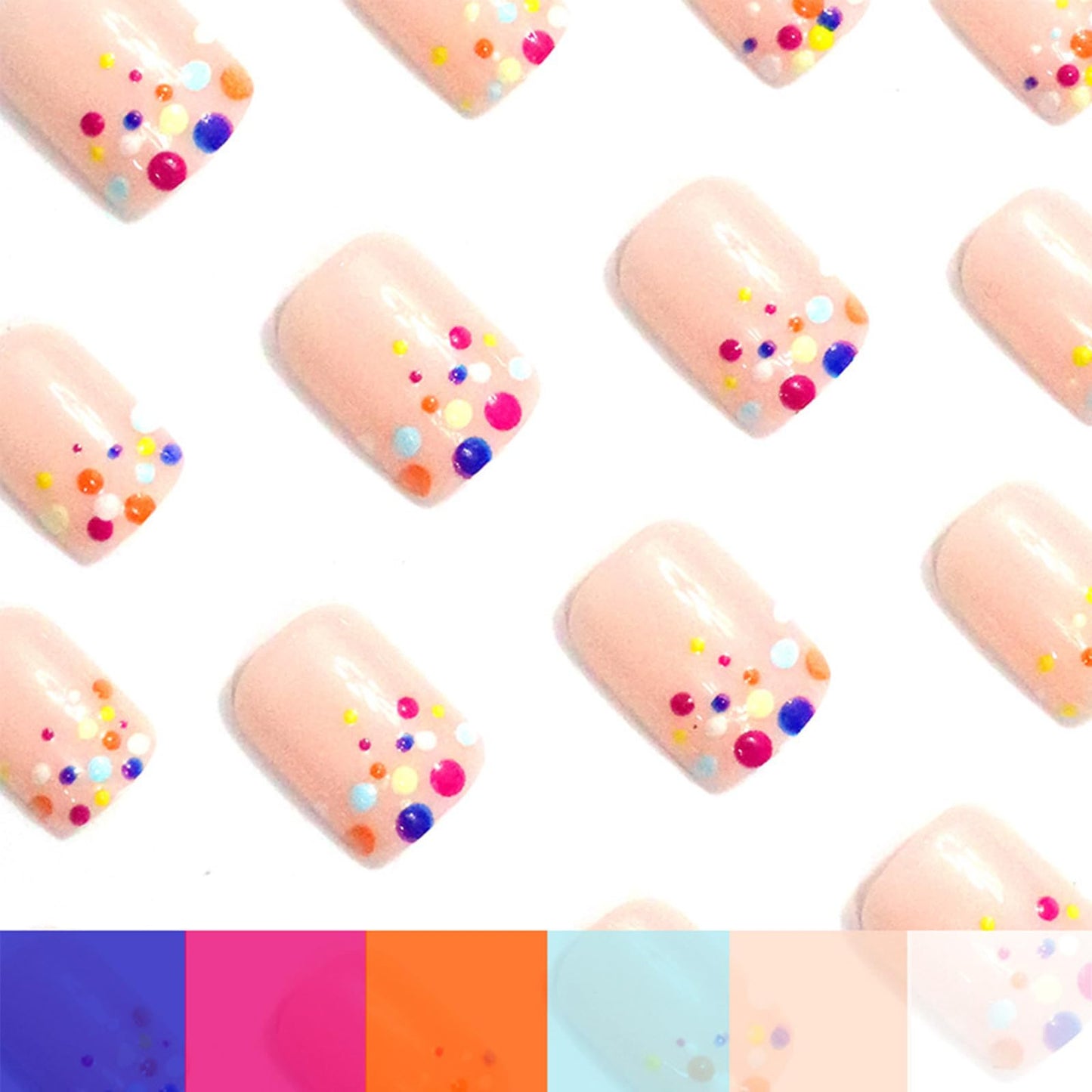 Colorful Polka Dot Press on Nails Short Square Fake Nails with French Dots Design Cute Acrylic False Nail Glossy Full Cover Stick on Nail Reusable Artificial Summer Nails for Women 24Pcs