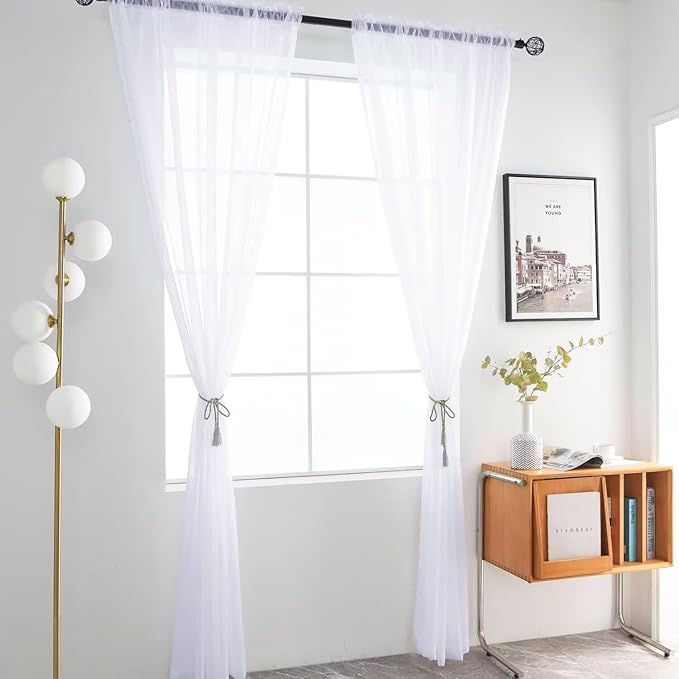 SpaceDresser Optical White Sheer Curtains 4 Panels Rod Pocket Semi-Sheer Curtain 72 Inches Long Light Filtering Voile Window Drapes for Bedroom Living Room Kitchen, Each 52W x 72L