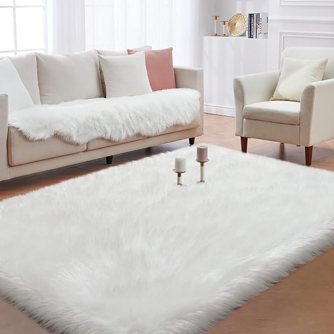 Fluffy Area Rug, White Faux Fur Rug for Bedroom 3'x5' Soft Shag Fuzzy Rugs for Living Room, Furry Bedside Nursery Rug Plush Indoor Floor Carpet for Kids Room Teen Dorm