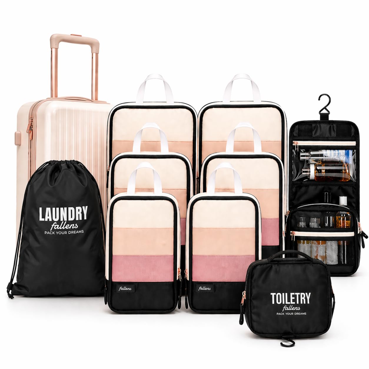 FALLENS 8 Set Luxury Compression Packing Cubes for Travel Expandable/Compression Luggage Packing Organizers, Includes 6 Full-Size Cubes, 1 Laundry Bag & 1 Toiletry Bag, Dual Zipper System