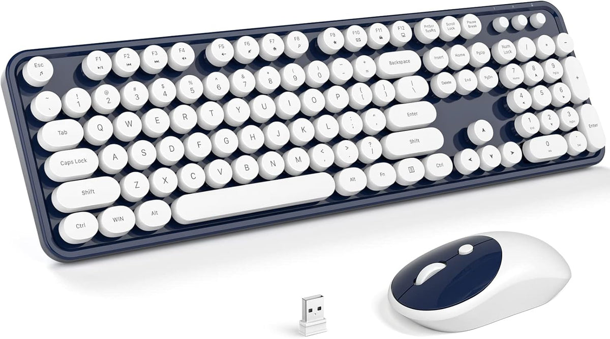 KNOWSQT Wireless Keyboard and Mouse Combo - White-DarkBlue Full-Sized 2.4 GHz 104 Keys Typewriter Keyboard, Flexible Round Keycap and Optical Mouse for Windows, Computer, PC, Laptop, Desktop