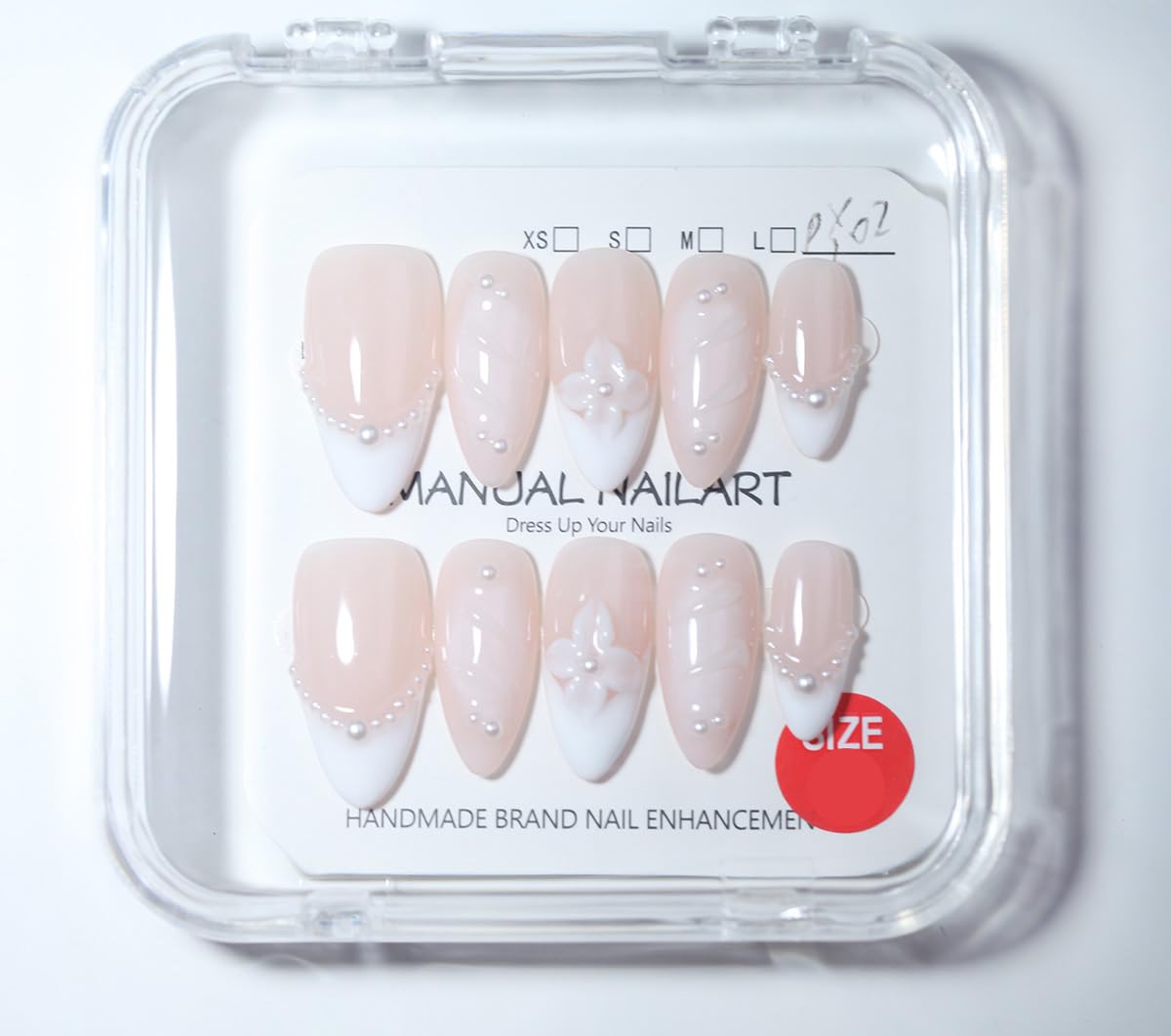 10Pcs Medium Almond Handmade Press On Nails | Easy Apply & Remove, Reusable Salon Quality Nails | Elegant Nude & White Fake Nails with 3D Floral & Pearl Accents(251217, XS)