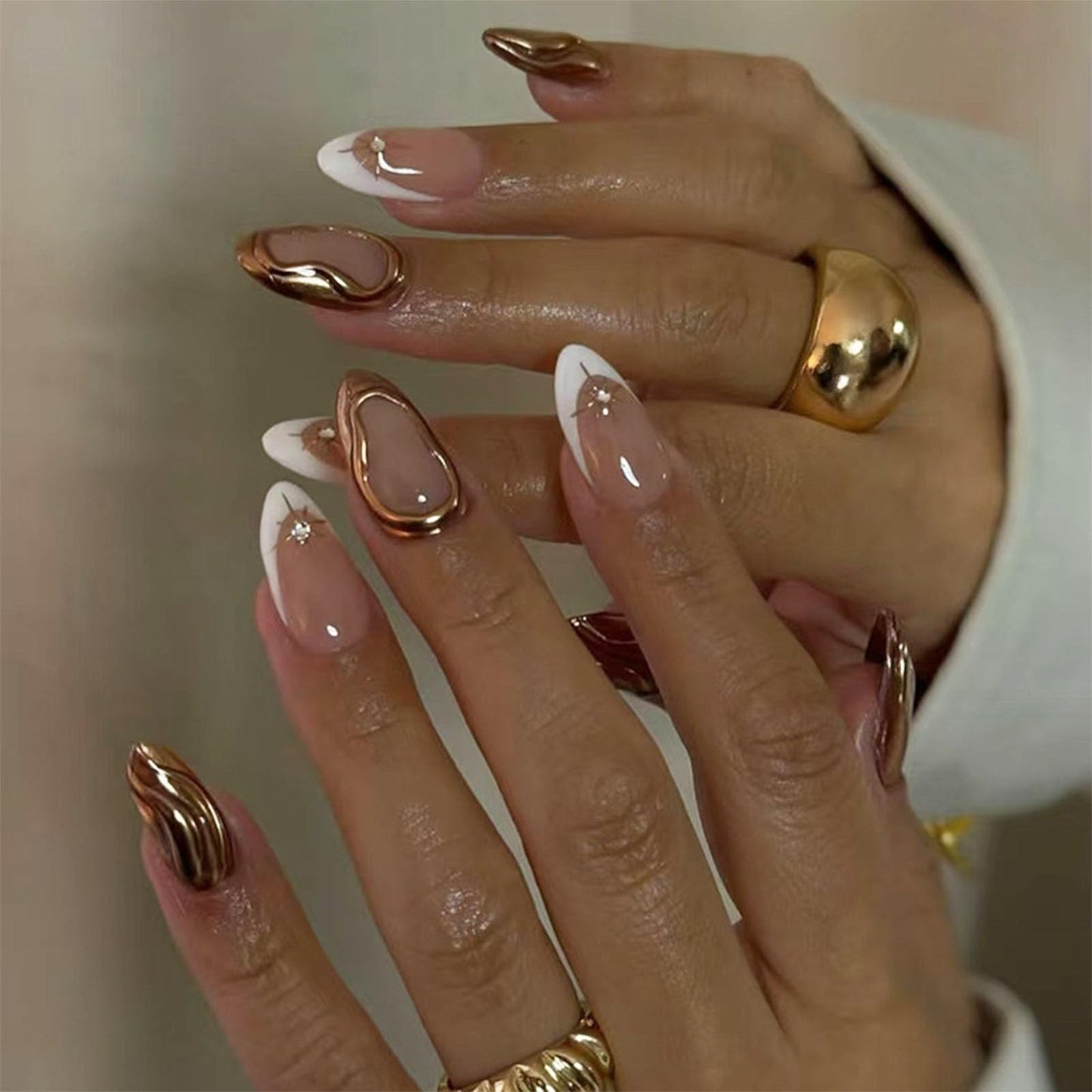 IMSOHOT French Tip Press on Nails Medium Almond Fake Nails Nude White False Nails with 3D Gold Chrome Design Glossy Acrylic Glue on Nails