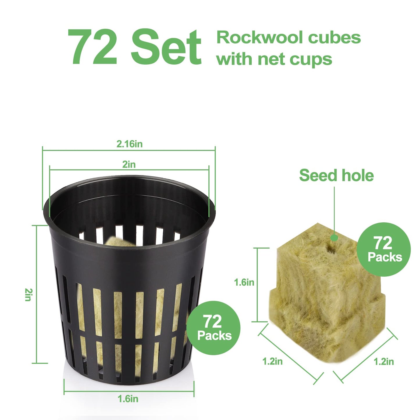 Reeooue 72 Sets Rockwool Cubes and Net Pots, 1.2 * 1.2 * 1.5 inch Rock Wool 72 Plugs & 72-Pack 2inch Net Cups for Hydroponics Growing Systemm, Garden Tower Supplies