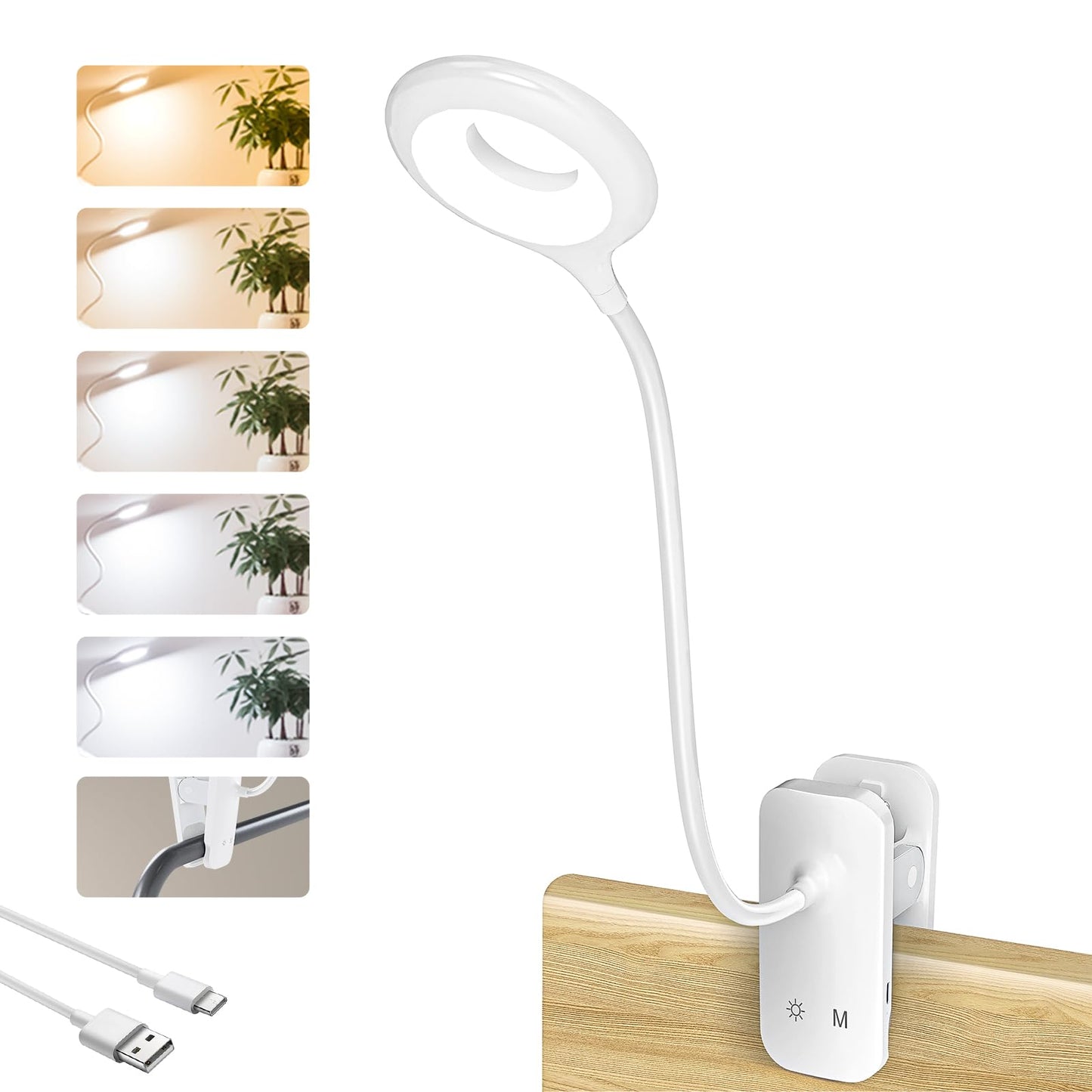 CUHIOY Clip on Reading Light for Bed Headboard, Rechargeable Battery Clamp on Bunk Bed Light, 5 Colors 5 Brightness Flexible Neck Desk Lamp, Eye Protect LED Touch Control Book Lights at Night for Kids