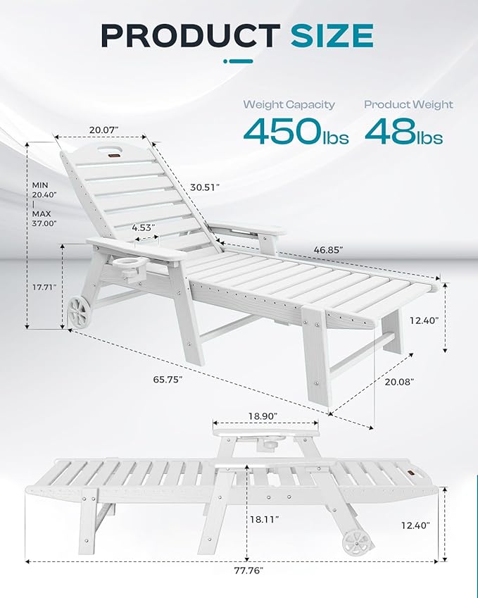 Ciokea Lounge Chair Outdoor, Oversized Chaise Lounge Chair with 5 Positions, HDPE, Patio Lounge Chair with Wheels & Cup Holder for Pool, Deck, Poolside, White