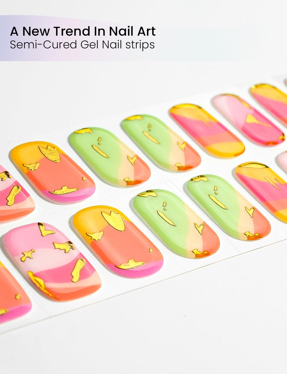Oauee Semi Cured Gel Nail Strips | Built-In Gel Top Coat | UV Light Required | Salon Quality, Easy Application And Removal (Gilded Tropical）