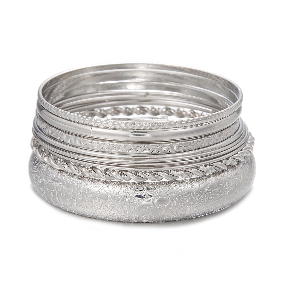 RINTOLER 10Pcs Silver Bangle Bracelets Set for Women - Chunky Silver Banlges Stackable Textured Bracelets Boho Jewelrys for Women. (J-Set 10pc Chunky)