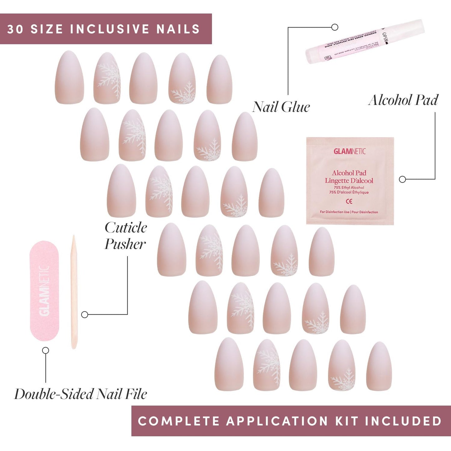 Glamnetic Press On Nails - Snowdrift | Opaque Gradient Ombre & Snowflake Graphic Short Almond Fake Nails in a Matte Finish, Salon Quality | 15 Sizes - 30 Nail Kit