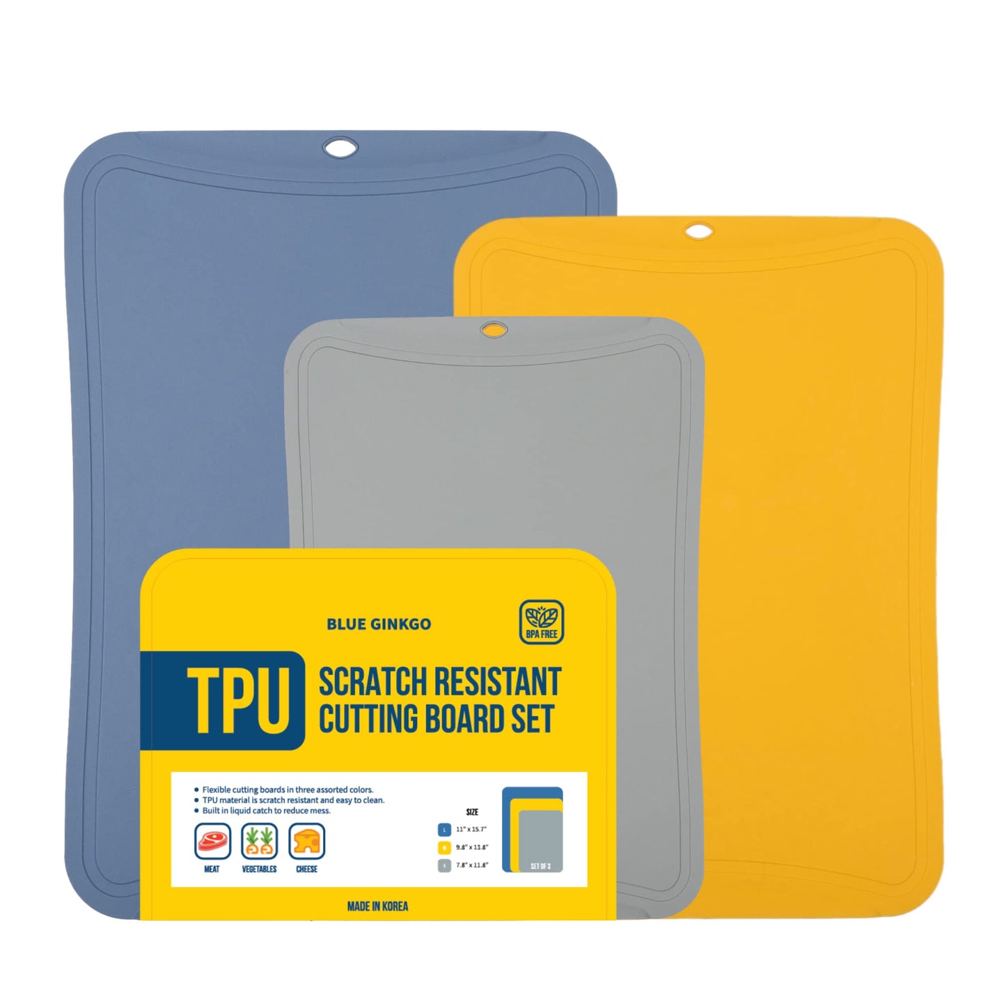 Blue Ginkgo TPU Cutting Mats [Set of 3] – Korean-Made Flexible, Knife-Friendly, Durable Kitchen Cutting Boards (Blue, Yellow, Gray)