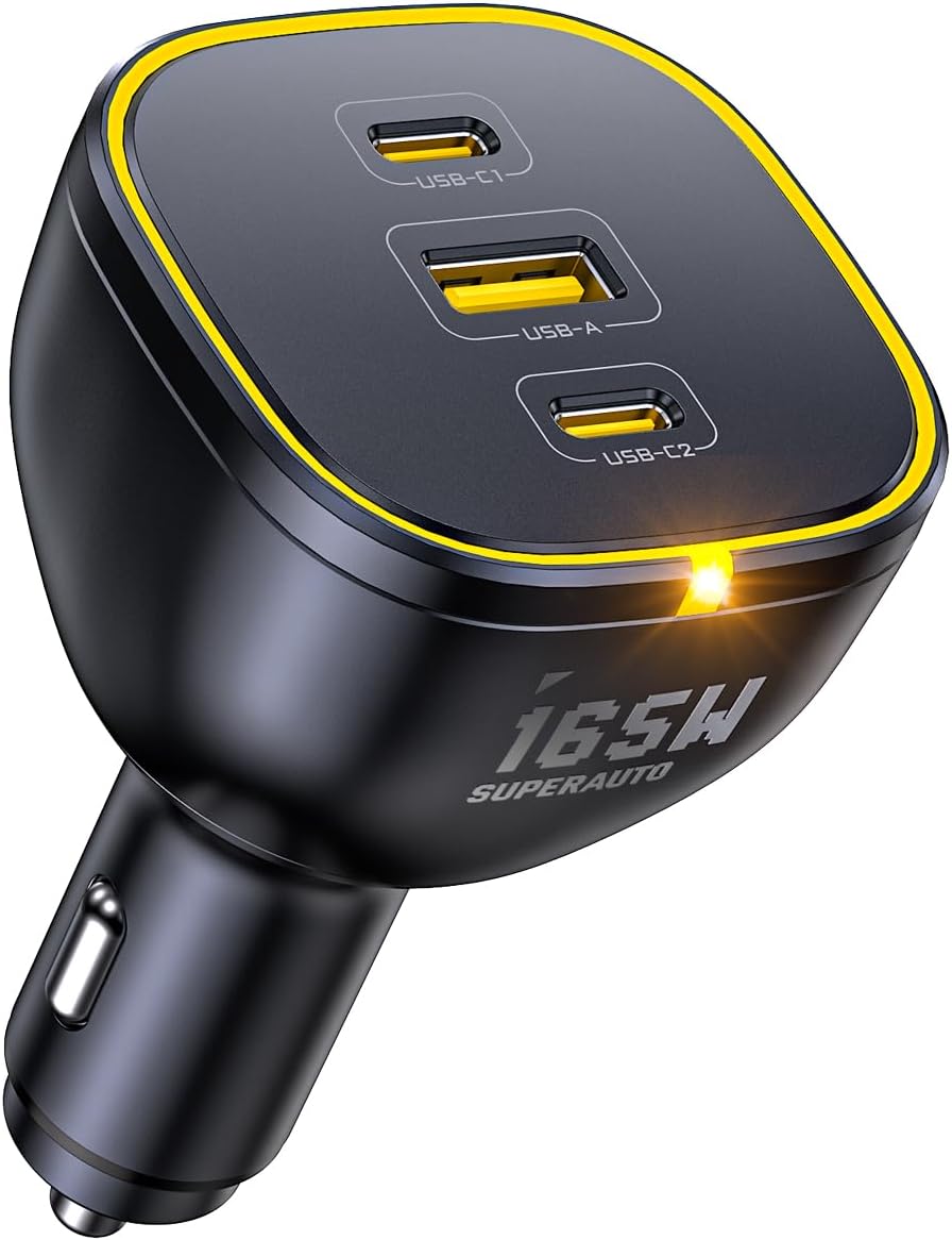 AOHI 165W Laptop Car Charger Adapter 140W PD 3.1/ 100W PD 3.0 USB C Super Fast Charging PPS 45W 3-Ports QC5.0 Car Lighter Charger for MacBook Pro, iPhone 16/15, Galaxy S24 Ultra, iPad, Black