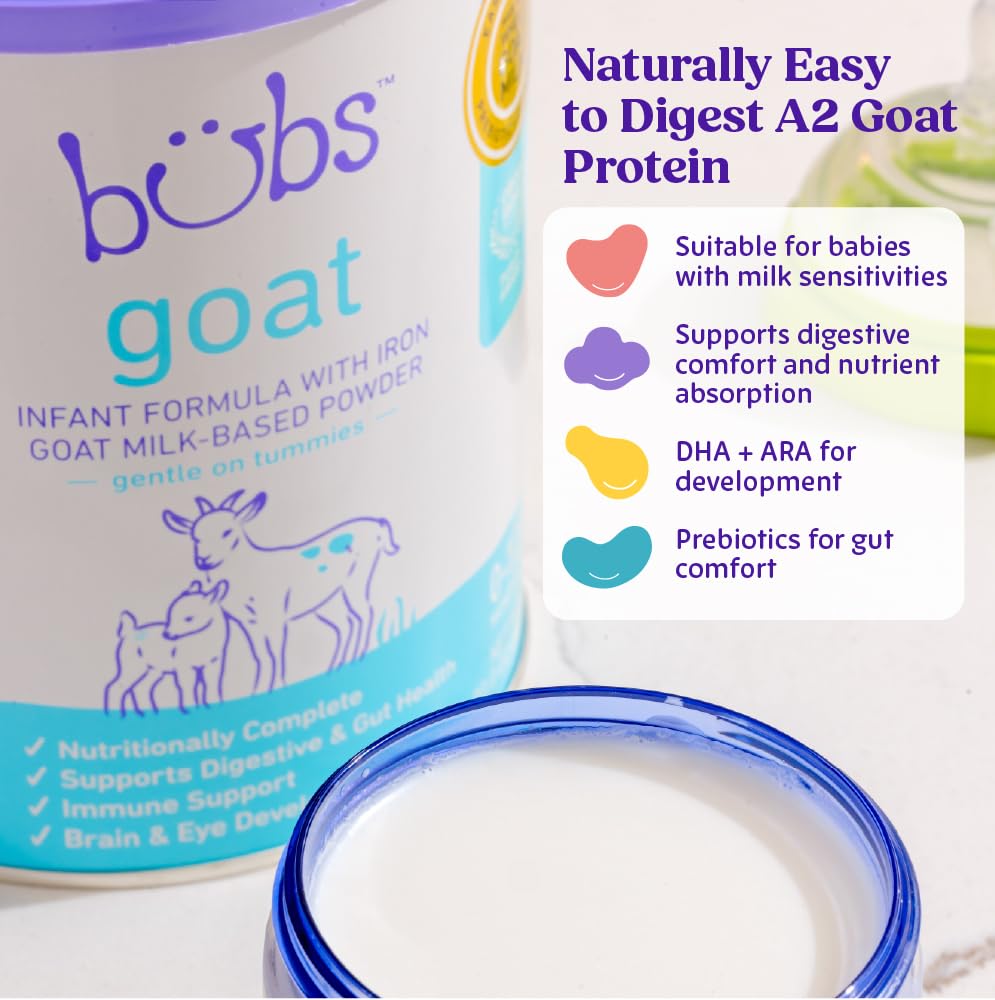 Bubs Whole Goat Milk Formula with Iron, Goat Milk-Based Powder, for Infants 0-12 Months, Made with Non-GMO Goat Milk, 20 oz