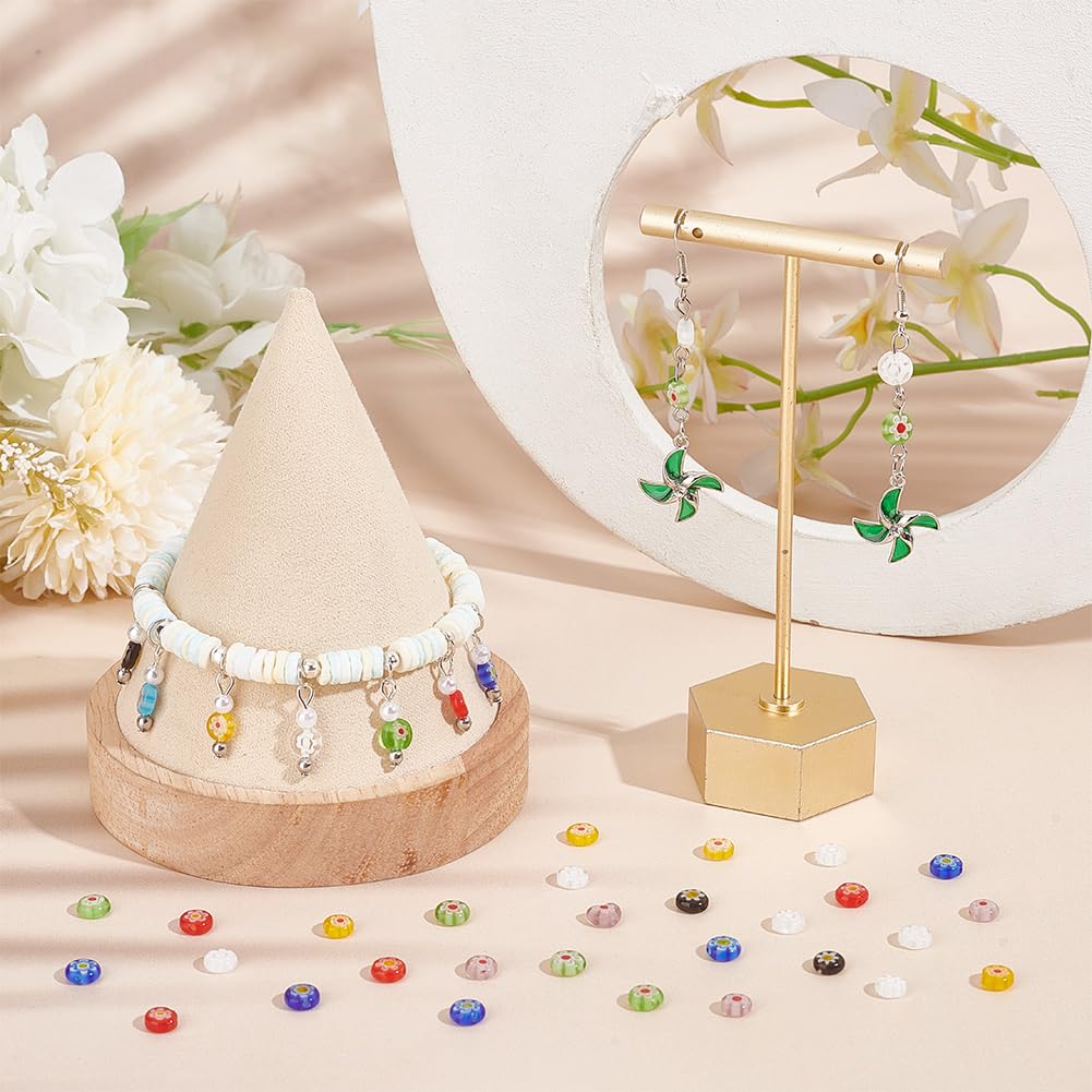 PH PandaHall 325Pcs/5 Strands Millefiori Lampwork Glass Beads 6mm Flat Round Flower Glass Beads Handmade Flower Millefiori Lampwork Bead Loose Spacer Bead for Jewelry Making DIY Crafts