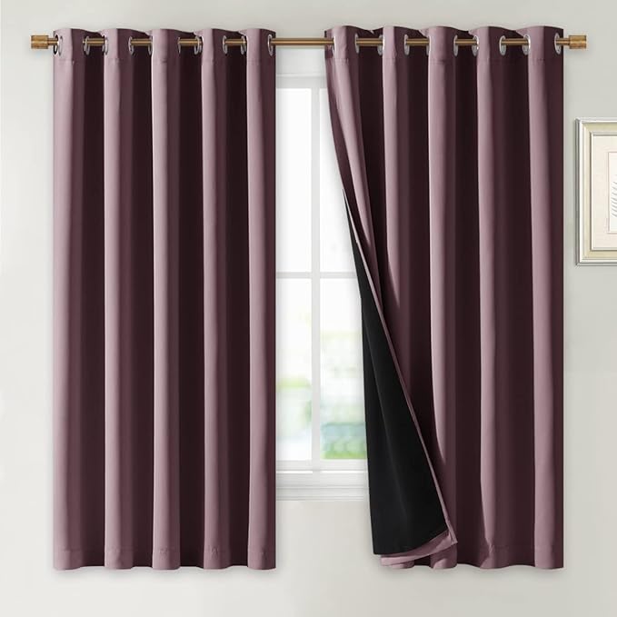 NICETOWN Dry Rose 100% Blackout Lined Curtains, 2 Thick Layers Completely Blackout Window Treatment Thermal Insulated Drapes for Kitchen/Bedroom (1 Pair, 70 inches Width x 63 inches Length Each Panel)