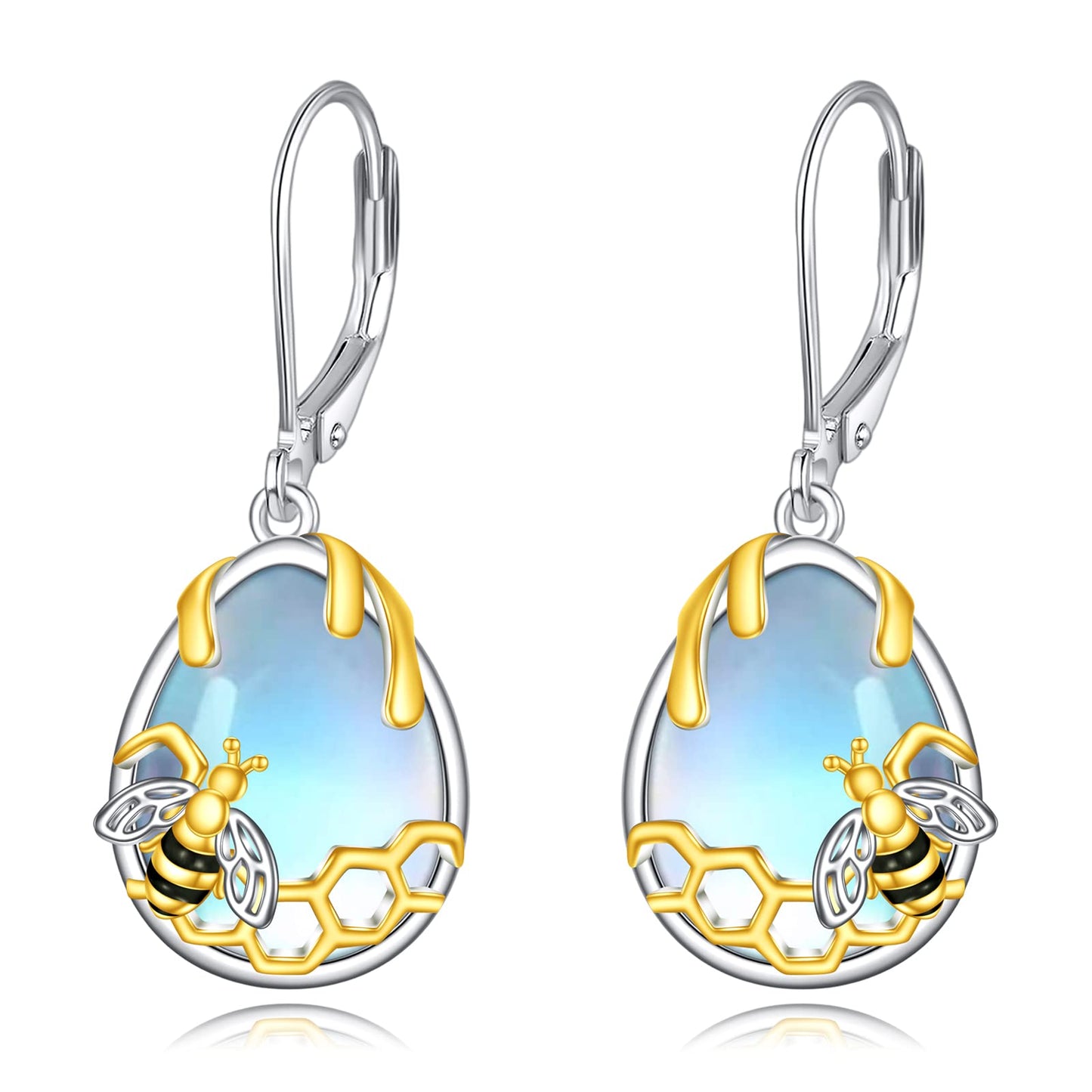 YFN Honeycomb Bee Moonstone Earrings 925 Sterling Silver Teardrop Dangle Hypoallergenic Leverback Earring for Women