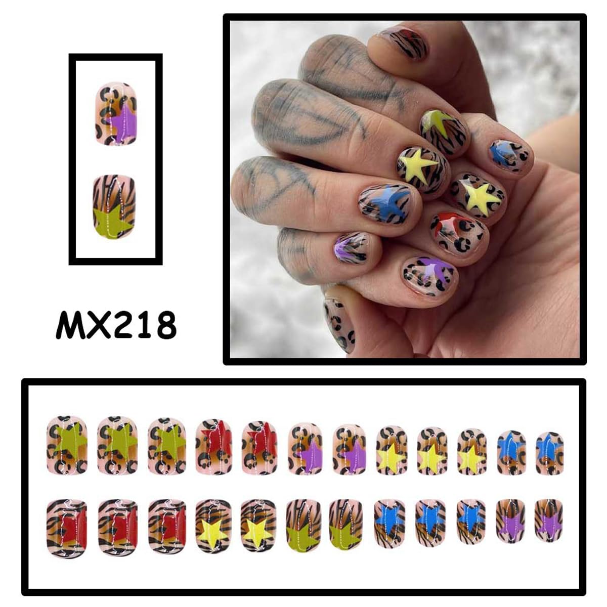 Short Square Press on Nails Colorful Star Fake Nails with Leopard & Zebra Print Design Acrylic Reusable Nails Press ons Full Cover Glossy Glue on Nails for Women Manicure 24Pcs