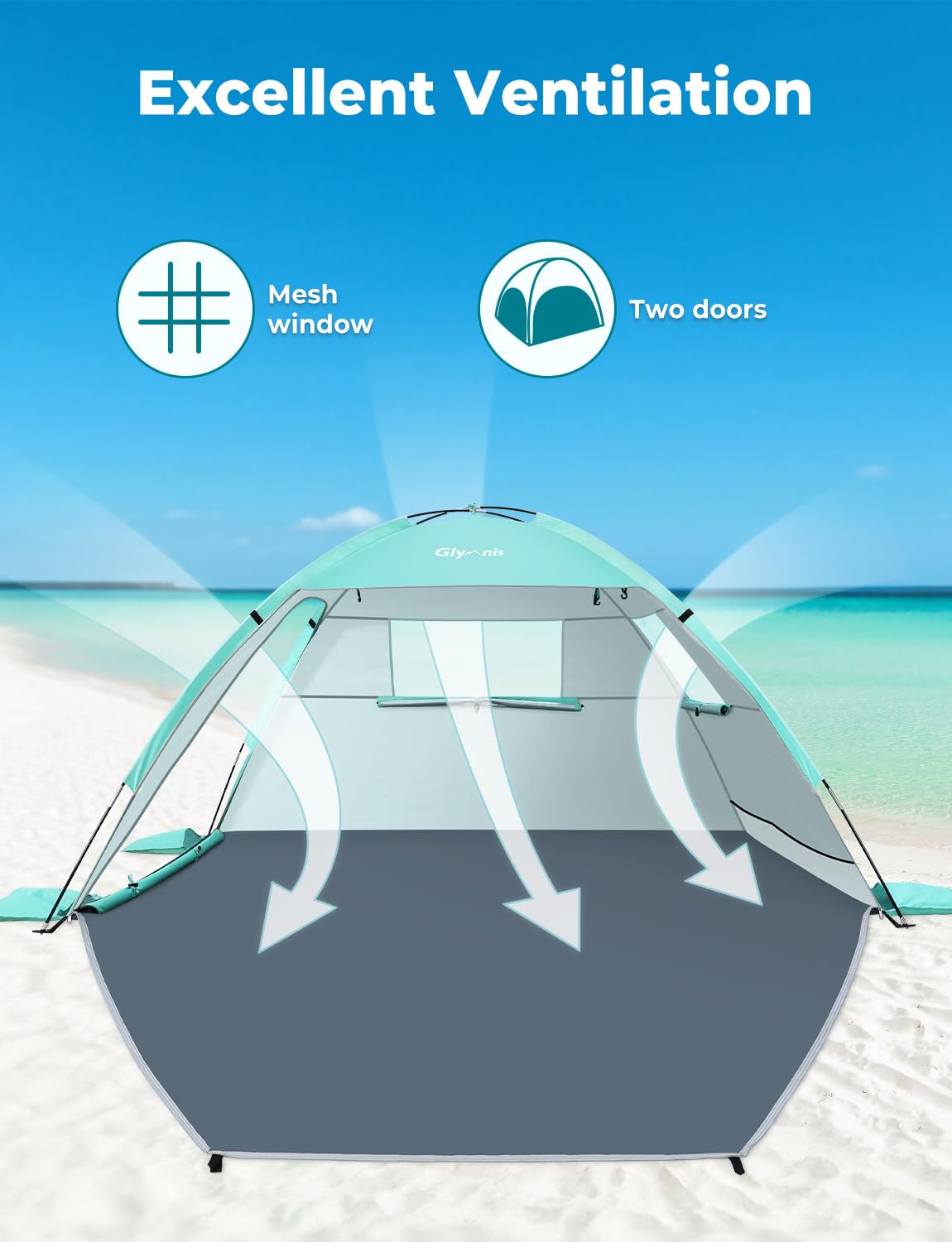 Glymnis Beach Tent Sun Shelter for 3 Person with UPF 50+ UV Protection, Lightweight & Easy Setup Beach Shade Canopy with Vent Windows & Zippered Door - Green