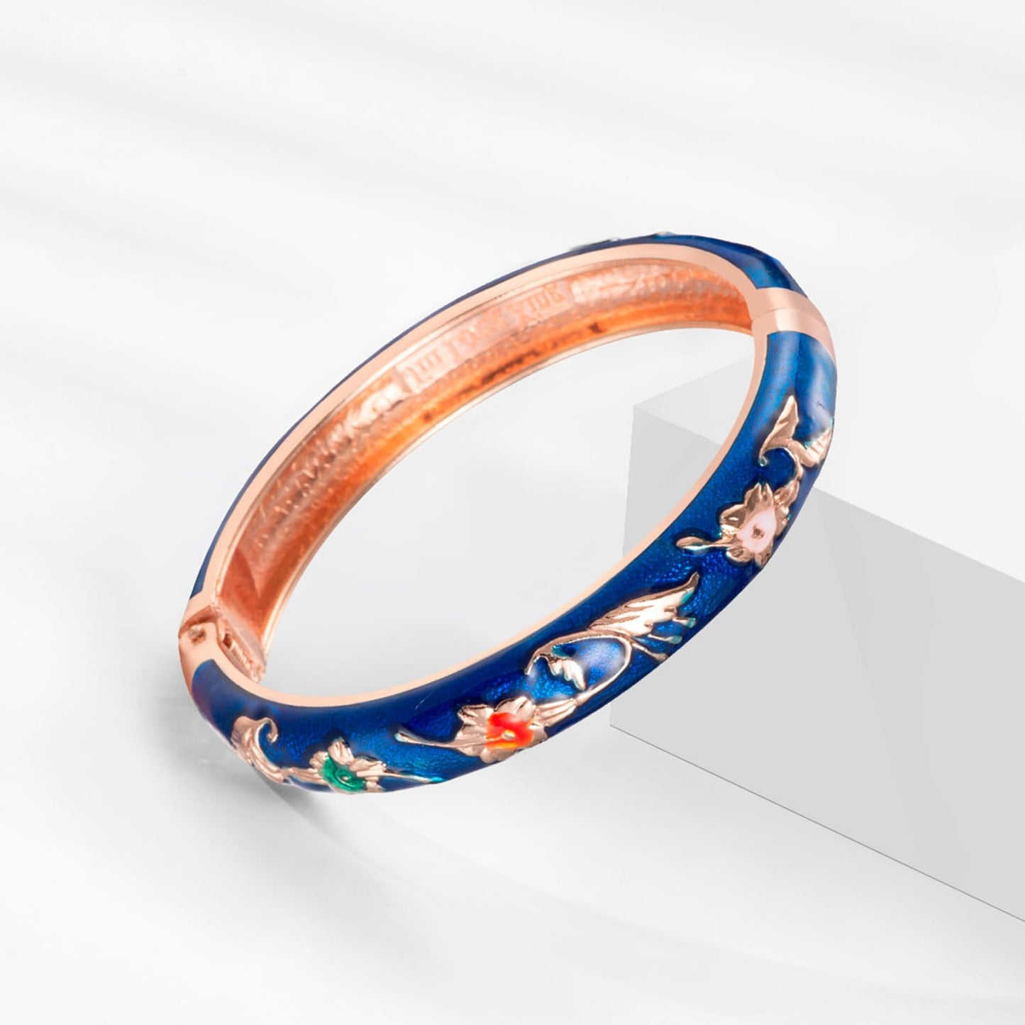 UJOY Vintage Bangles Bracelets Cloisonne Enameled Flower Spring Hinge Clasp Indian Style Jewelry Set for Women 55A81-55A108 Navy Blue