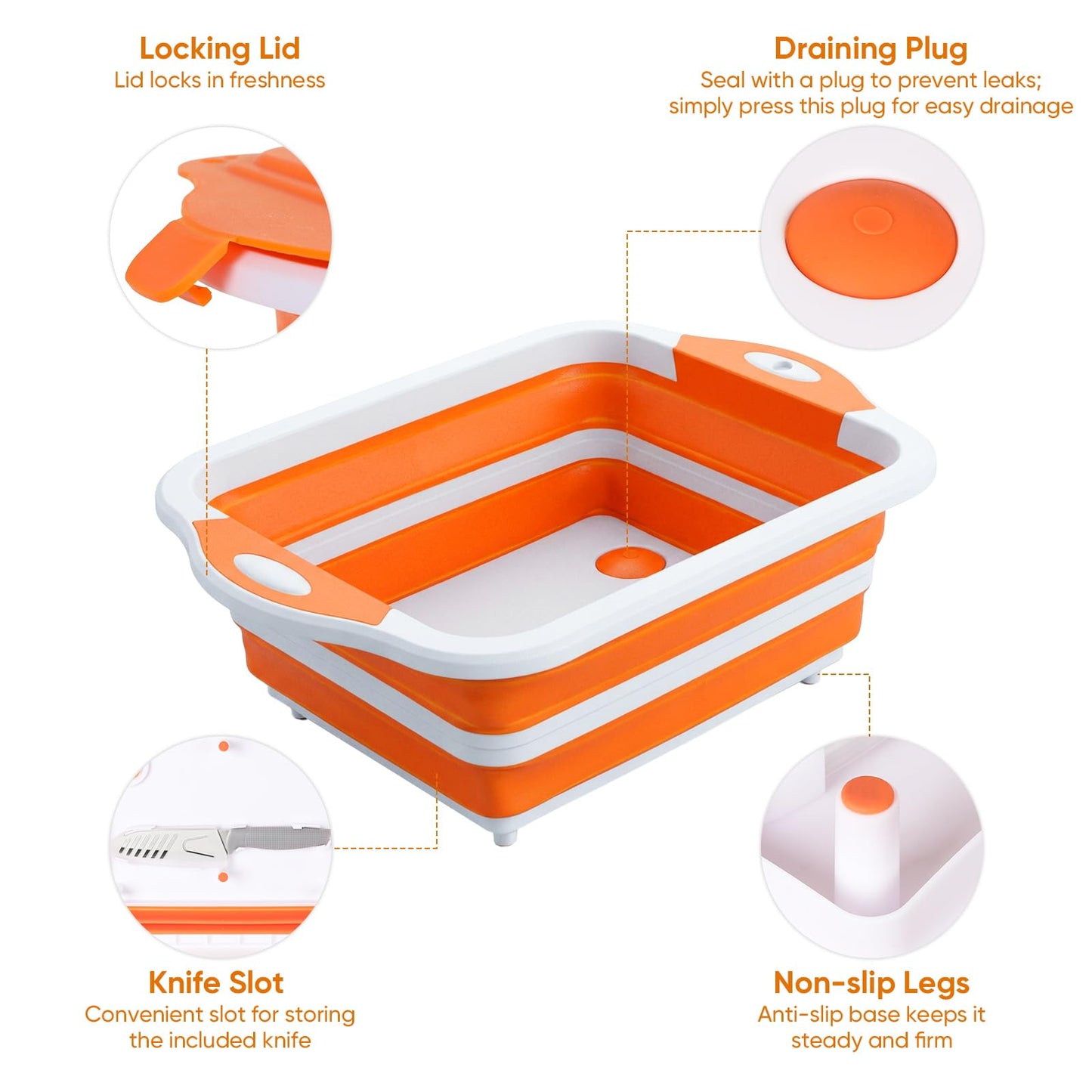 Collapsible BBQ Prep Tub with Lid, Foldable Camping Sink with Colander, Cutting Board, Dish Basin for Kitchen, Bowl, Vegetable and Fruit, Storage Basket for Picnic-Orange