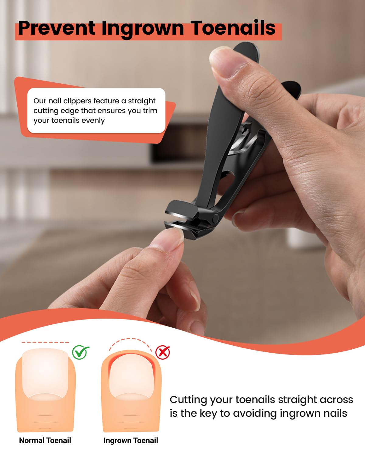 BEZOX Angled Head Toe Nail Clippers for Thick Nails – Straight Blade Toenails Clipper for Seniors, Ergonomic Nail Cutters with Catcher, Heavy-Duty Nail Trimmer - Black