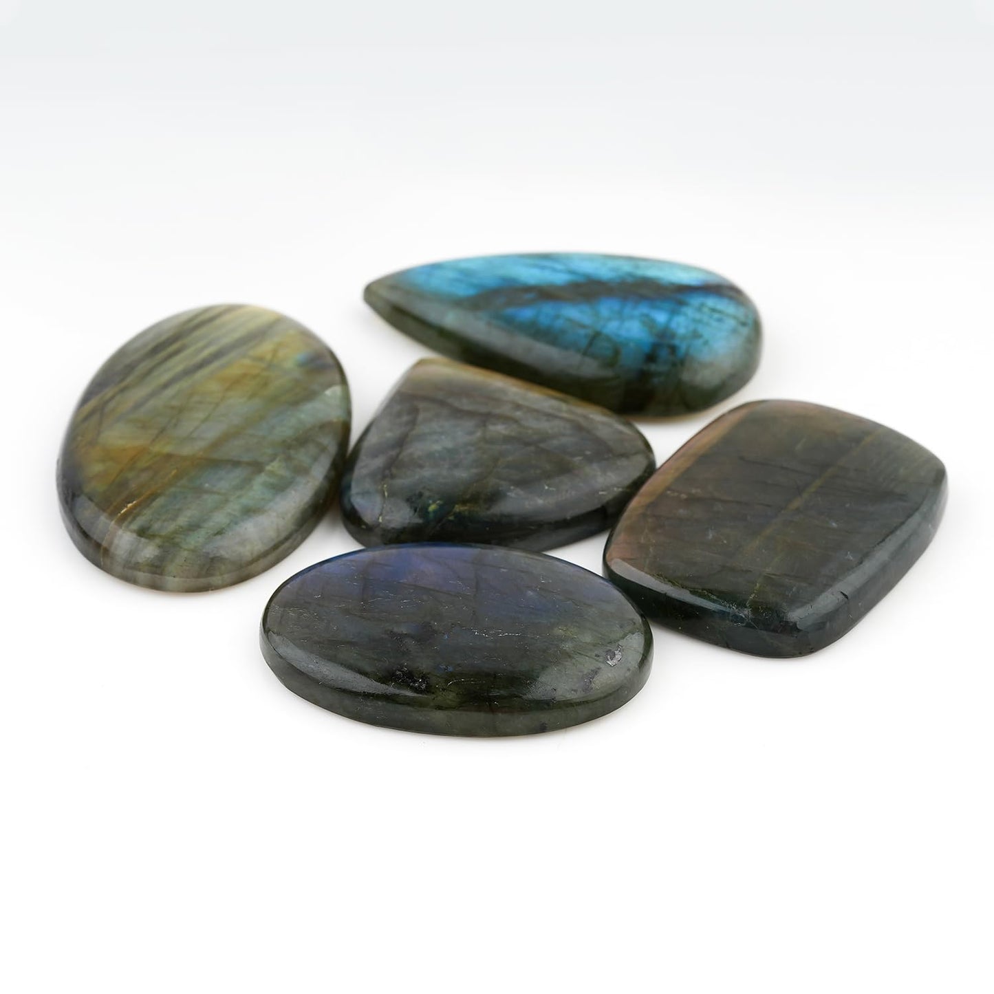 CRYSTALINES 5pcs Natural Labradorite Gemstones, Bulk Flatback Cabochon, Polished Stones, DIY Jewelry Making, Healing Crystals, Wholesale Assorted Loose Supply, Wire Wrapping, Gem Collection
