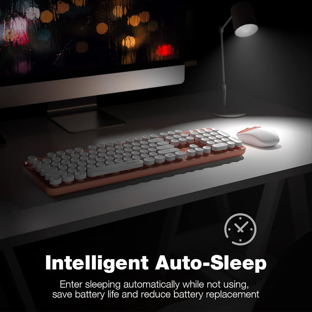 KNOWSQT Wireless Keyboard and Mouse Combo - White-Orange Full-Sized 2.4 GHz 104 Keys Typewriter Cute Keyboard, Round Keycap and Optical Mouse for Windows, Computer, PC, Laptop, Desktop