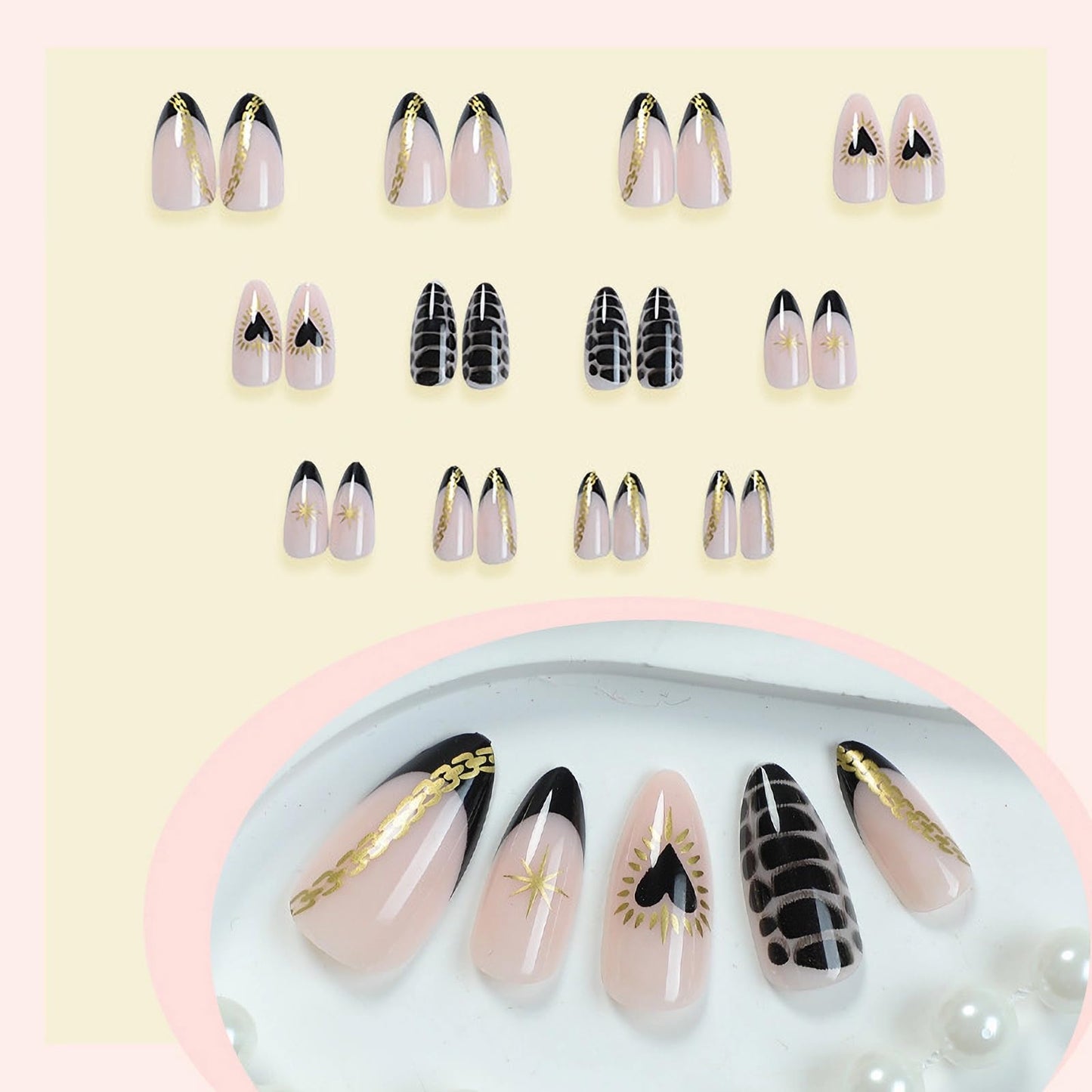MISUD Press on Nails - Medium Almond Fake Nails with Black French Tip, Acrylic Flower Design 24 pcs