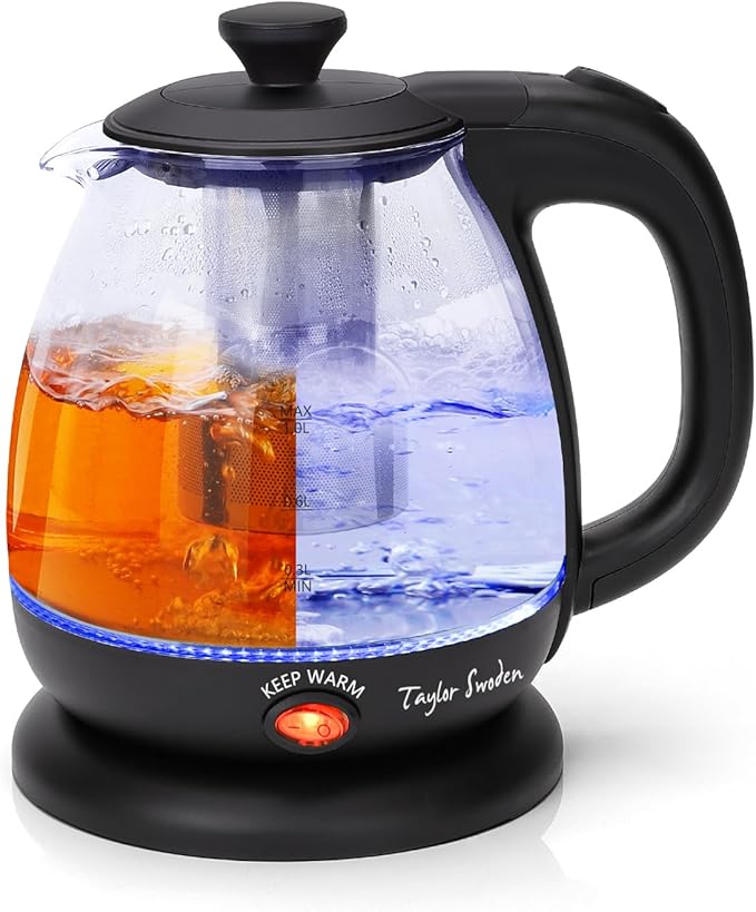 Taylor Swoden Electric Kettle with Tea Infuser, 1L Small Electric Tea Kettle with Keep Warm, LED Light Hot Water Boiler & Heater for Coffee & Teas, Auto Shut-Off & Boil Dry Protection, BPA Free, Black