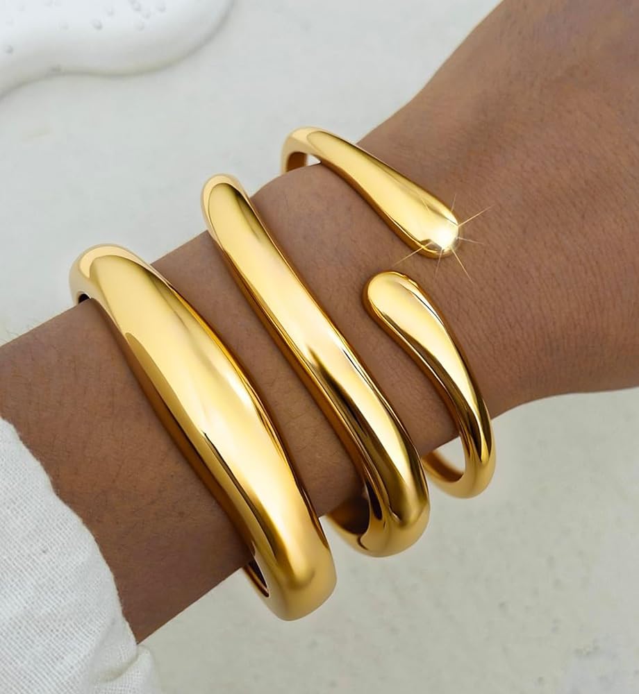 Chunky Gold Bangle Bracelets for Women, Dainty 14k Gold Plated Simple Stackable Bangles Set, Fashion Vacation Accessories Small Gifts for Daughter