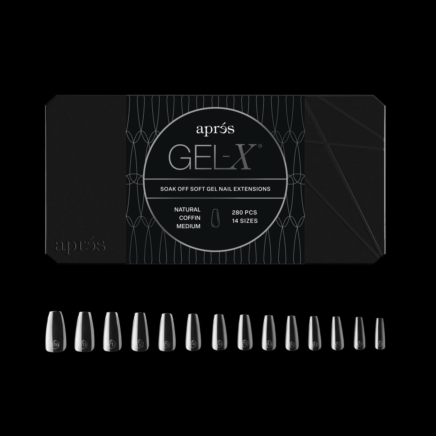 Apres Gel-X® Coffin Box of Nail Tips | 280 Gel-X Tips, Soft Tips, 14 Sizes 00-9 | Half-sizes Included (Natural Coffin Medium, 280 Count)