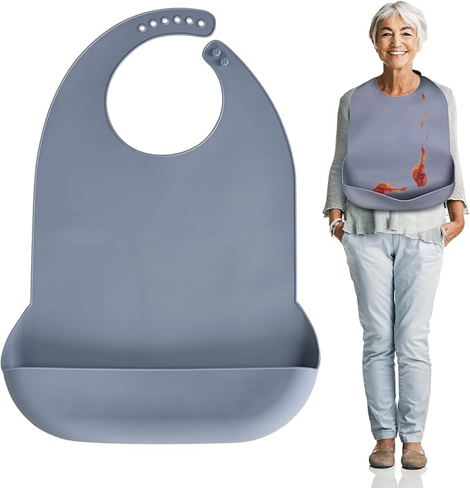Adult Bibs for Men Women Adjustable Washable Silicone Adult Bibs for Elderly with Crumb Catcher (Dark Grey)