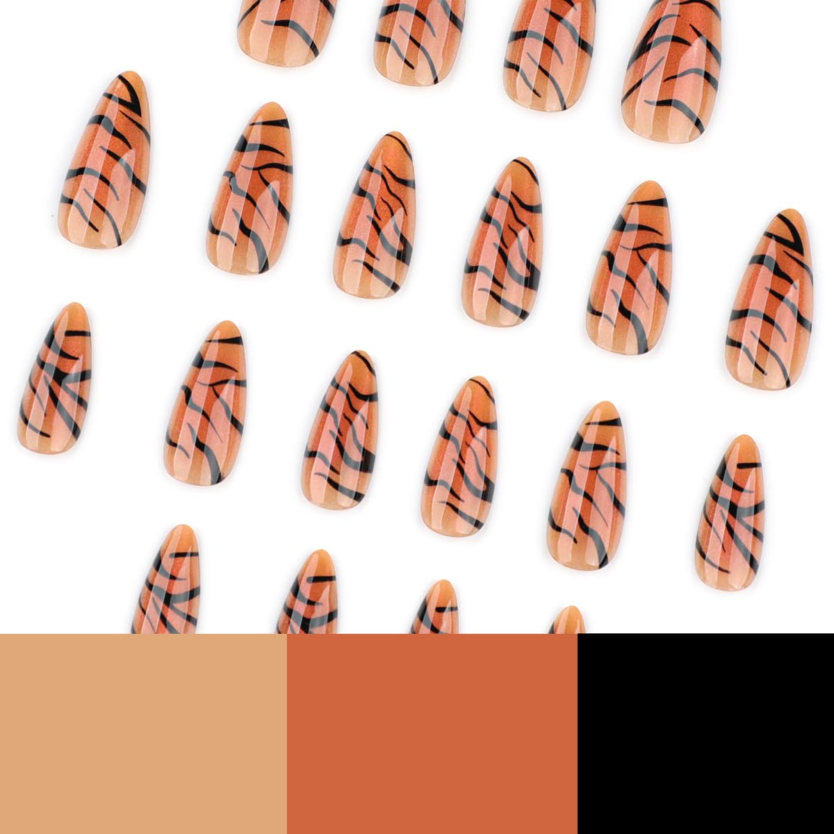 Tiger Print Press on Nails Medium Almond Fake Nails with Design Full Cover Glue on Nails for Women Manicure,Reusable | Nail Sticky Tabs | Easy Apply | 24Pcs