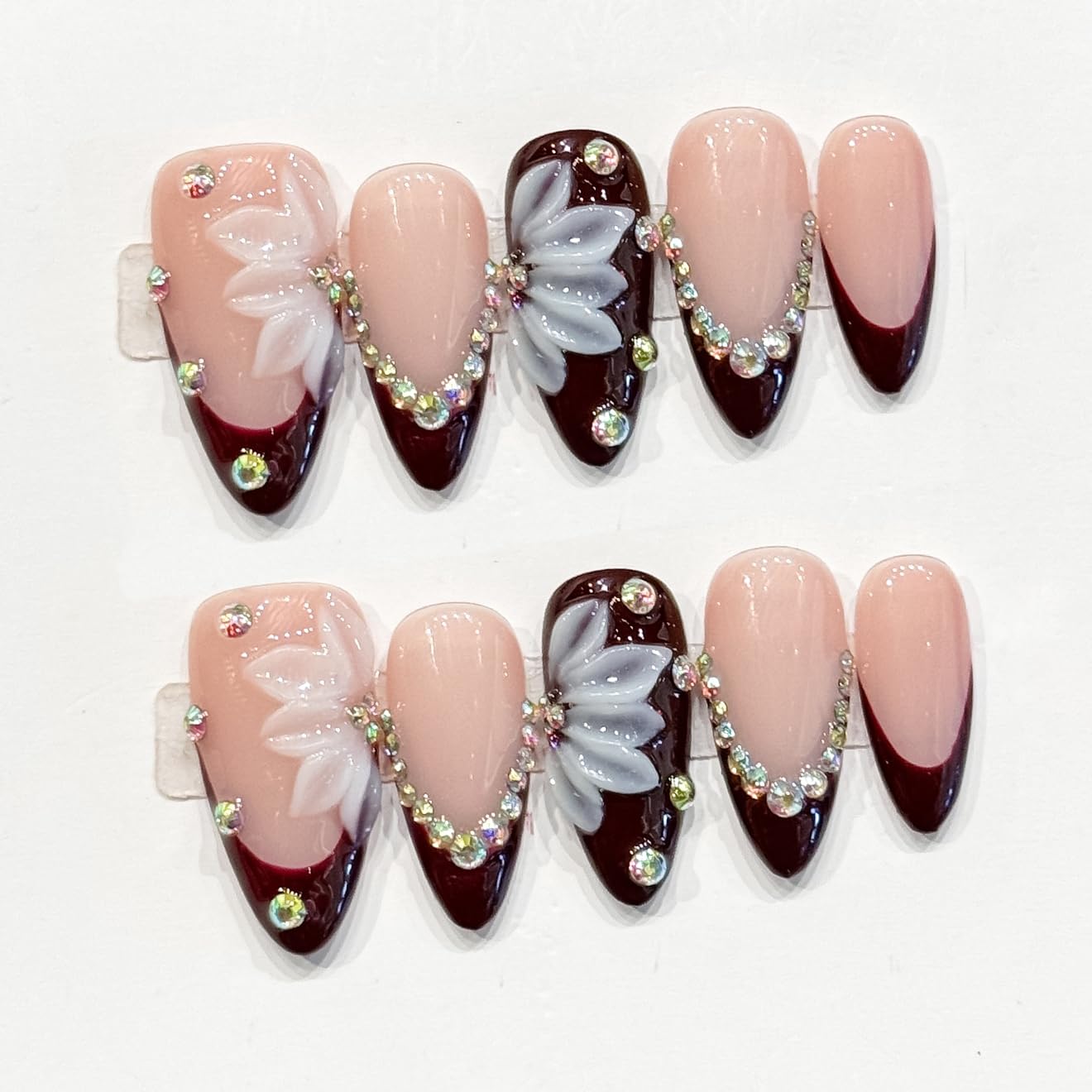 Handmade Press on Nails Medium Almond Fake Nails with 3D Flower Diamond Designs French Tip False Nail Spring Summer Acrylic Nails Dark Red Full Cover Glue on Nail for Women Nail Decor（Size S）