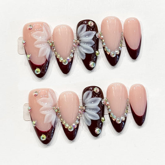 Handmade Press on Nails Medium Almond Fake Nails with 3D Flower Diamond Designs French Tip False Nail Spring Summer Acrylic Nails Dark Red Full Cover Glue on Nail for Women Nail Decor（Size S）