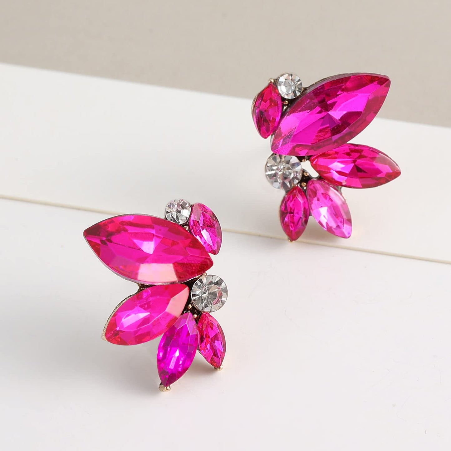 Hot Pink Rhinestone Earring Sparkly Fuchsia Faux Crystal Stud Earrings for Women Wedding Prom Party