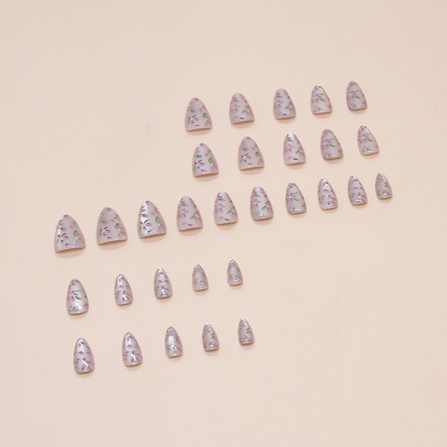Spring Press on Nails Almond Medium Fake Nails with Designs Purple Flower Stick on Nail Glitter Acrylic False Nail Cute Artificial Nail Press ons Glossy Full Cover Glue on Nails for Women 30Pcs
