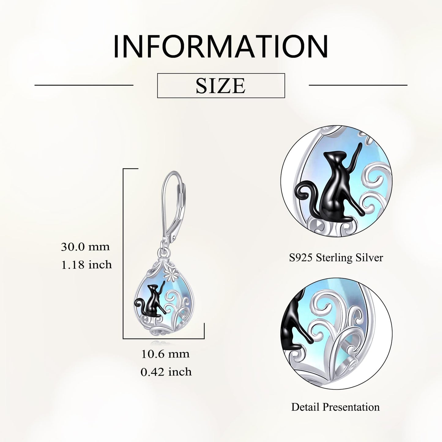 POPLYKE Moonstone Cat Teardrop Drop Dangle Earrings Sterling Silver Leverback Earrings Moonstone Jewelry Gifts for Women