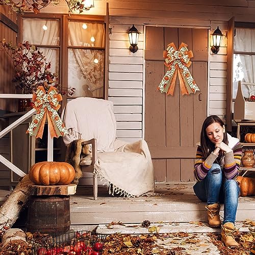 Whaline 2 Pack Fall Wreath Bow Pumpkin Print Burlap Bow Autumn Decorative Tree Topper Ornaments Gift Bows for Thanksgiving Birthday Wedding Party Supplies Indoor Outdoor Home Decor, 19.7 x 11.4 Inch