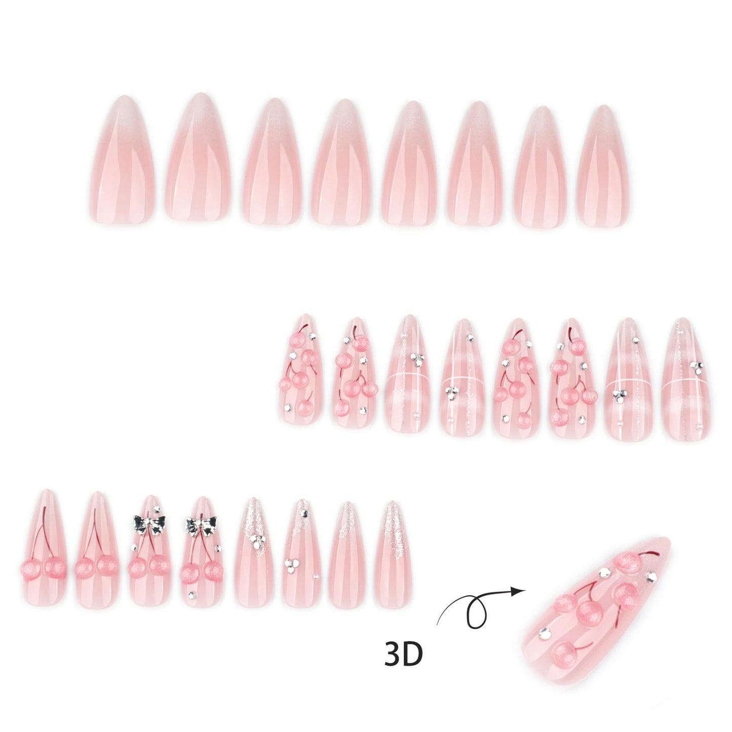 Long Press on Nails Almond Fake Nails Nude Pink Artificial Nail with 3D Cherry Silver Bow Rhinestone Design Stick on Nail for Women 24pcs