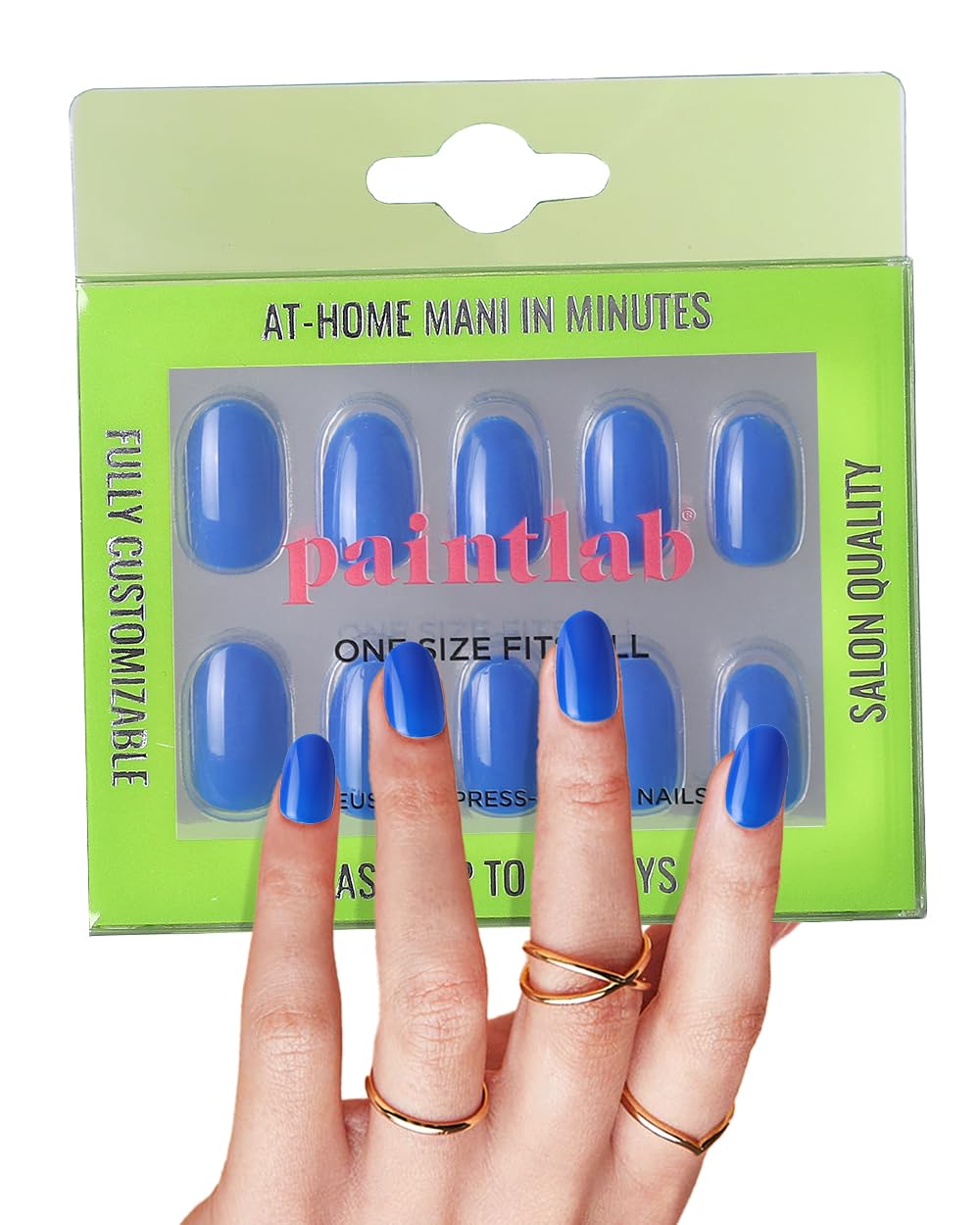 PaintLab Press-On Nails Manicure Kit, Blue Boom Oval, 24-Piece Set, Long-Lasting Fake Nails with Glue, File, Prep Pad & Cuticle Stick