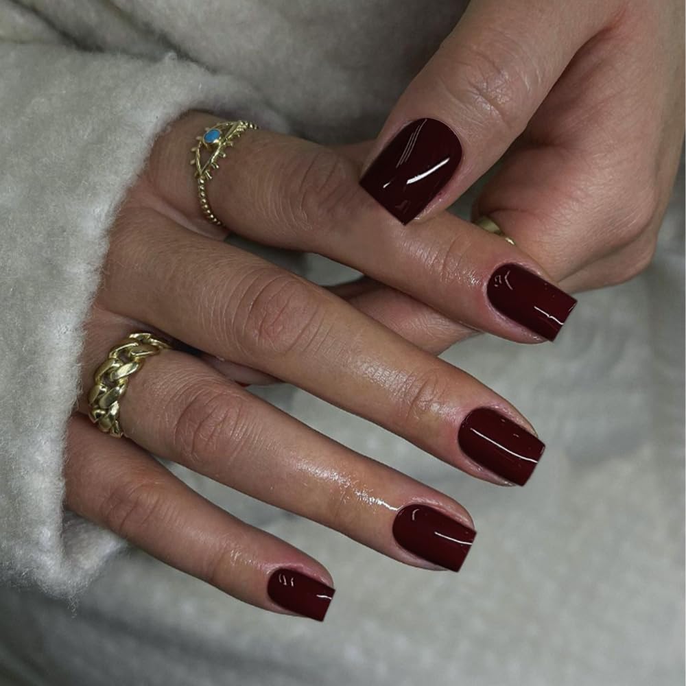 Burgundy Red Press On Nails Short Square, Natural Gel Nails Glue on Fall Colors 2025 Trendy Acrylic Nails Press ons Featured Protective Coat Thick Reusable Fake Nails 24Pcs Short Coffin Nails