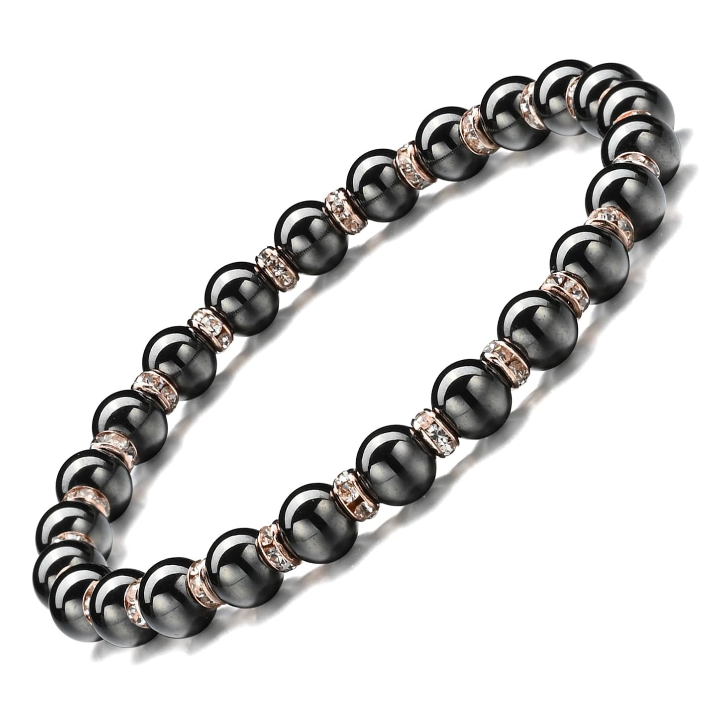 Apocalyptic-K Women's Magnetic Bracelet，Hematite Bracelets，Magnetic Bracelets With Zirconia,Handmade Stretch Bracelet，Eliminates static electricity. (Rose Gold Zirconia,6MM)