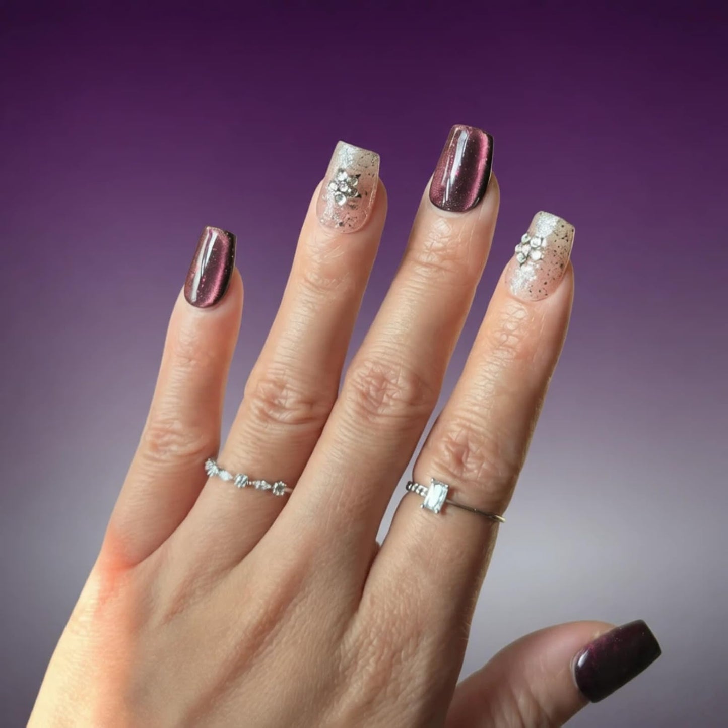 Tesytto Handmade Short Square Press On Nails, Purple Cat Eye Glitter False Nails with 3D Star Rhinestone, Reusable Fake Nails for Women, 10Pcs (Gemstone Starry Night,S)