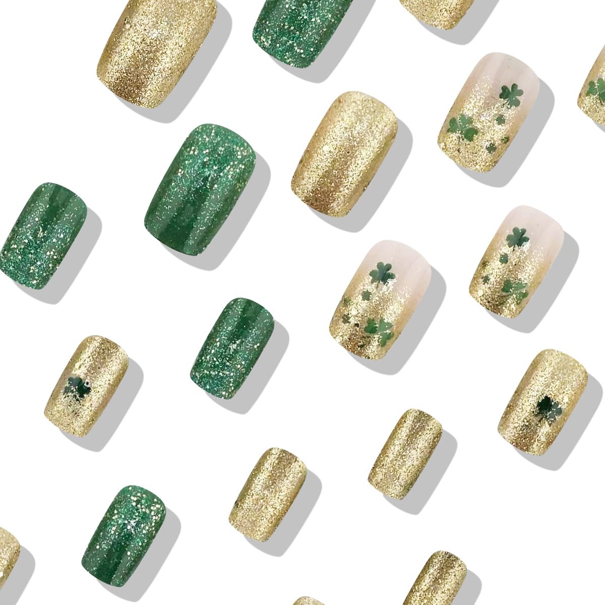 24 Pcs St. Patrick's Press on Nails Medium Square Shamrocks Green Gold Flash Fake Nails Lucky Clover Glitter Gradient Design False Nails Full Cover Stick on Nails for Women Nails Decoration