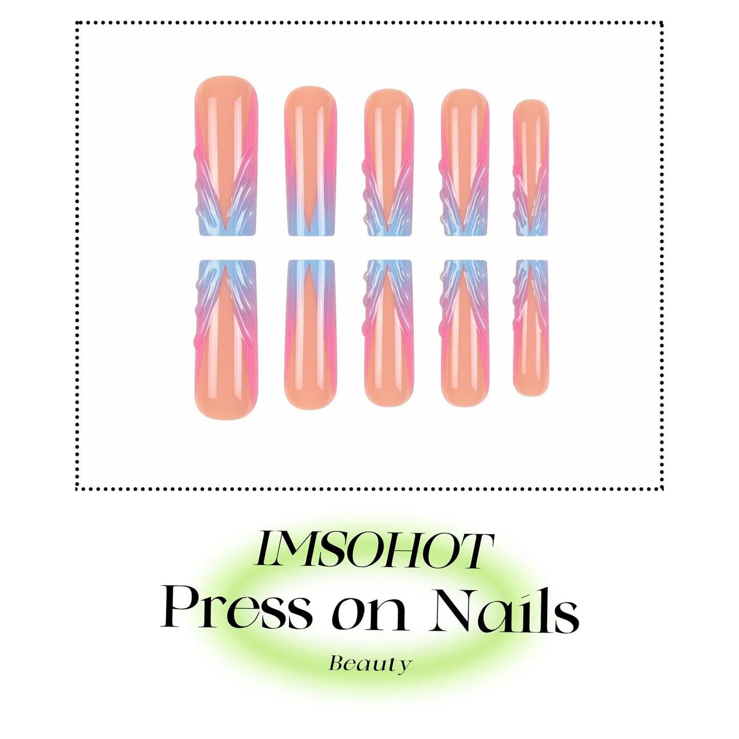IMSOHOT Press on Nails Long Square Fake Nails Blue Pink French Tips False Nails with 3D Designs Designs Full Cover Acrylic Artificial Glossy Stick on Nails