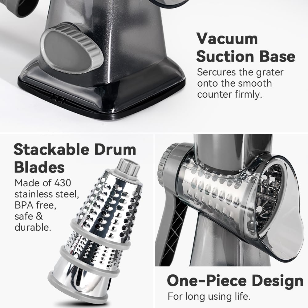 EDEFISY Cheese Grater Hand Crank Rotary Vegetables Shredder with Handle, 3-in-1 Graters with Interchangeable Blades and Non-slip Base Multifunctional Slicer for Kitchen